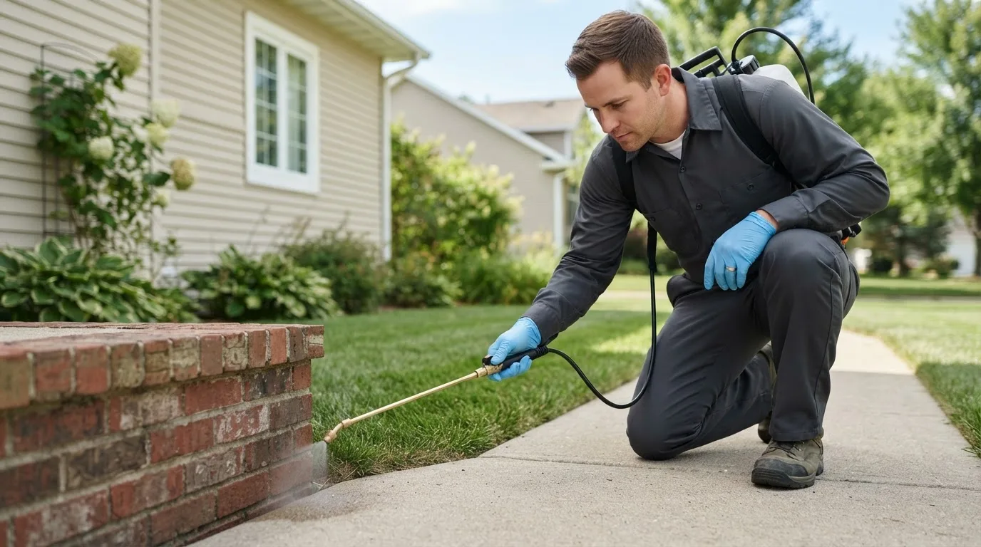 Pest control technician treating a home near Norway, IA